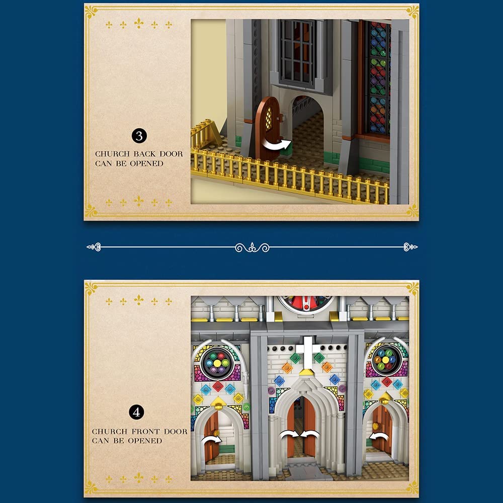 Laden Sie das Bild in den Galerie-Viewer, Reobrix 66027 Medieval Church Building Blocks Kit with LED Lights 3468pcs 29 × 32 × 49.5 cm
